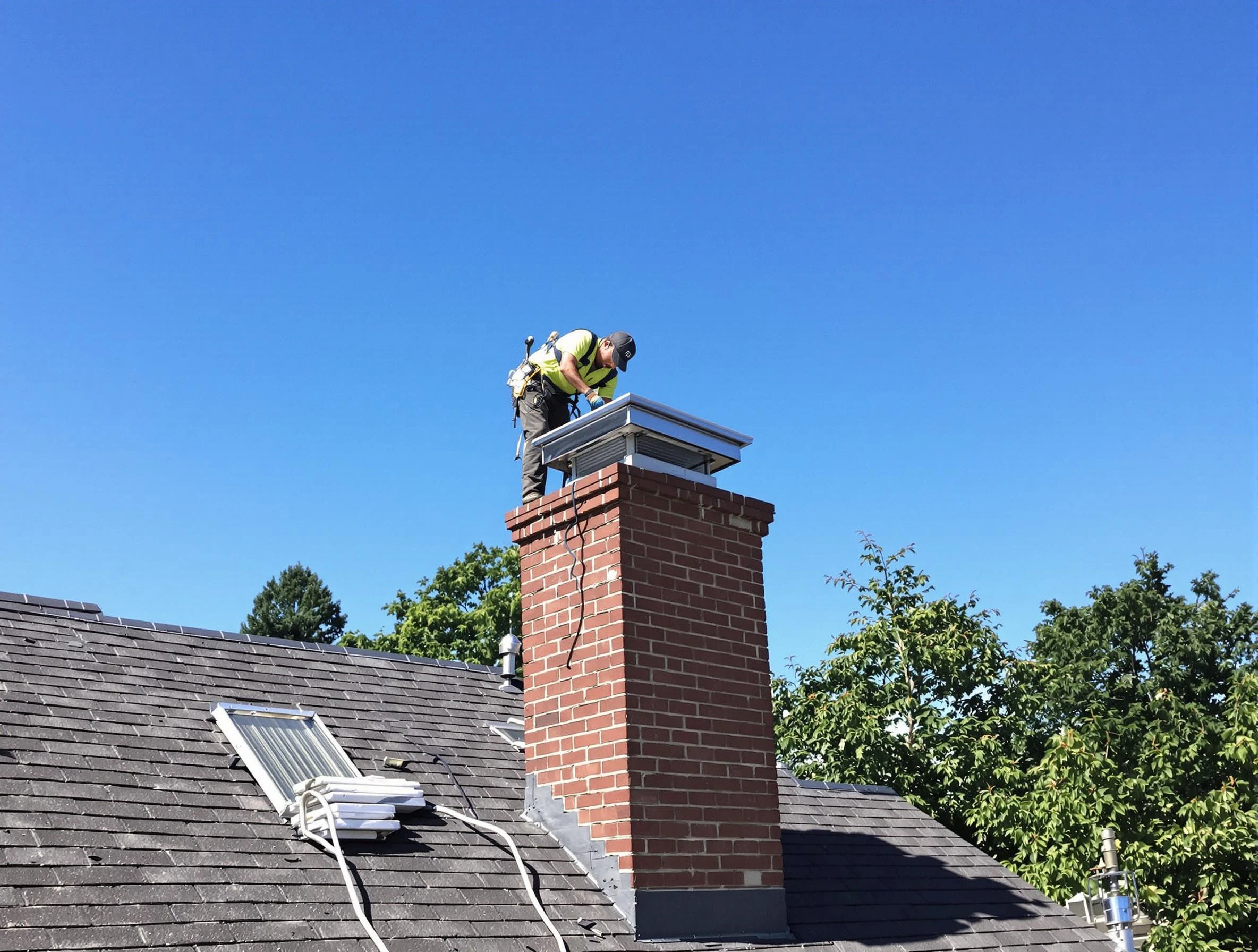 Denver Chimney Sweep technician measuring a chimney cap in Denver, CO