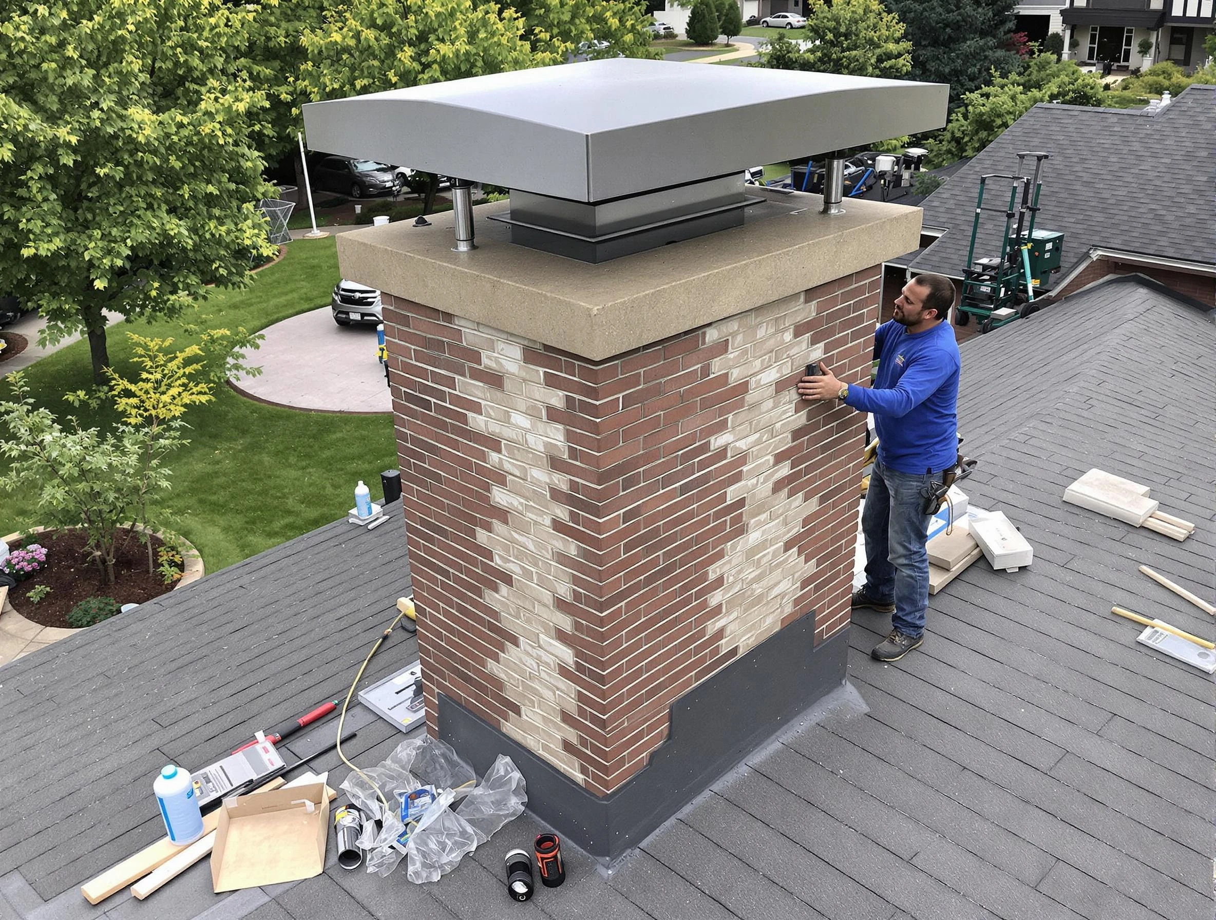 Denver Chimney Sweep team working on a custom chimney remodel in Denver, CO